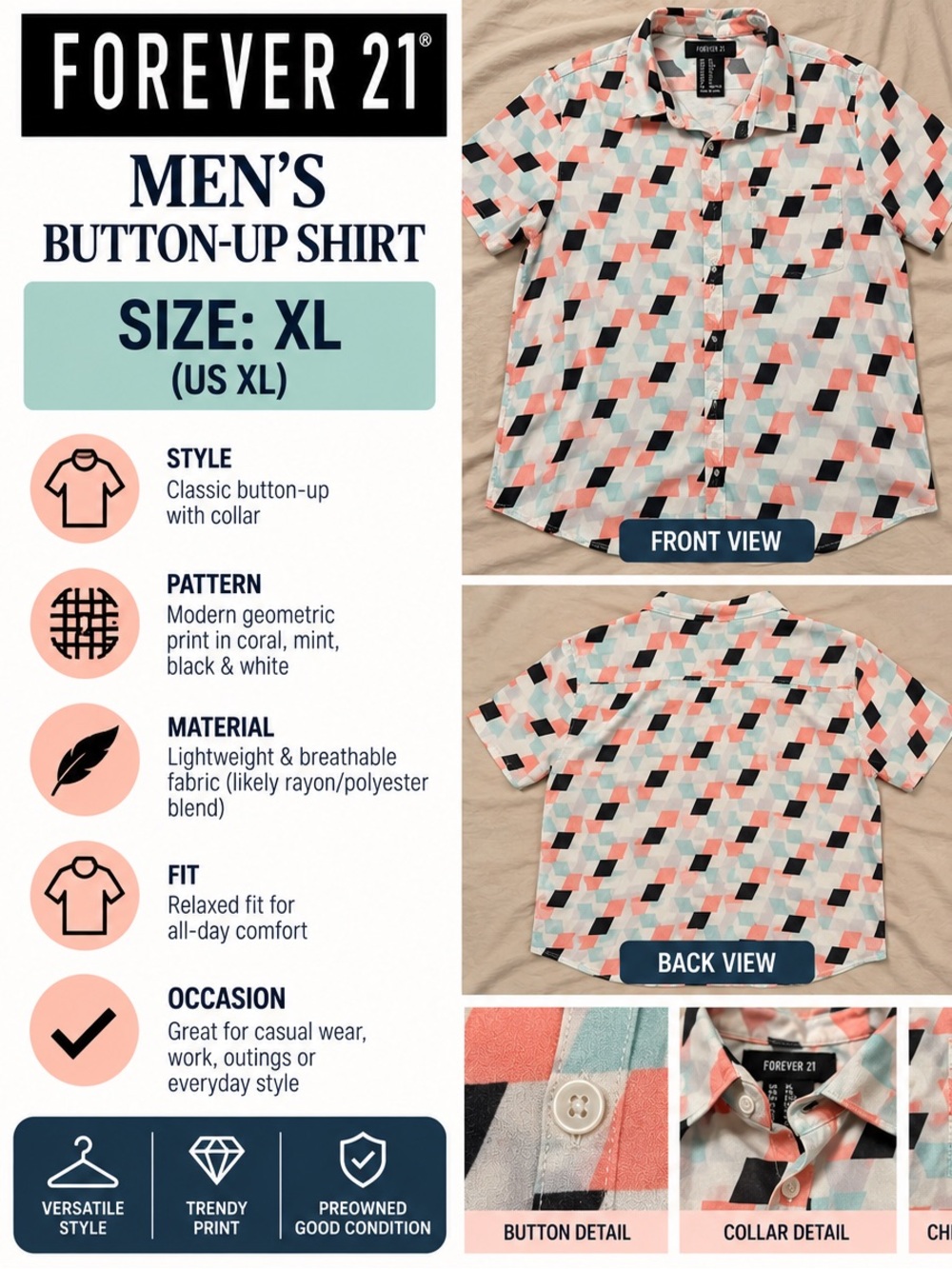 Forever 21 Kids Coral, Mint & Black Geometric Button-Down Shirt